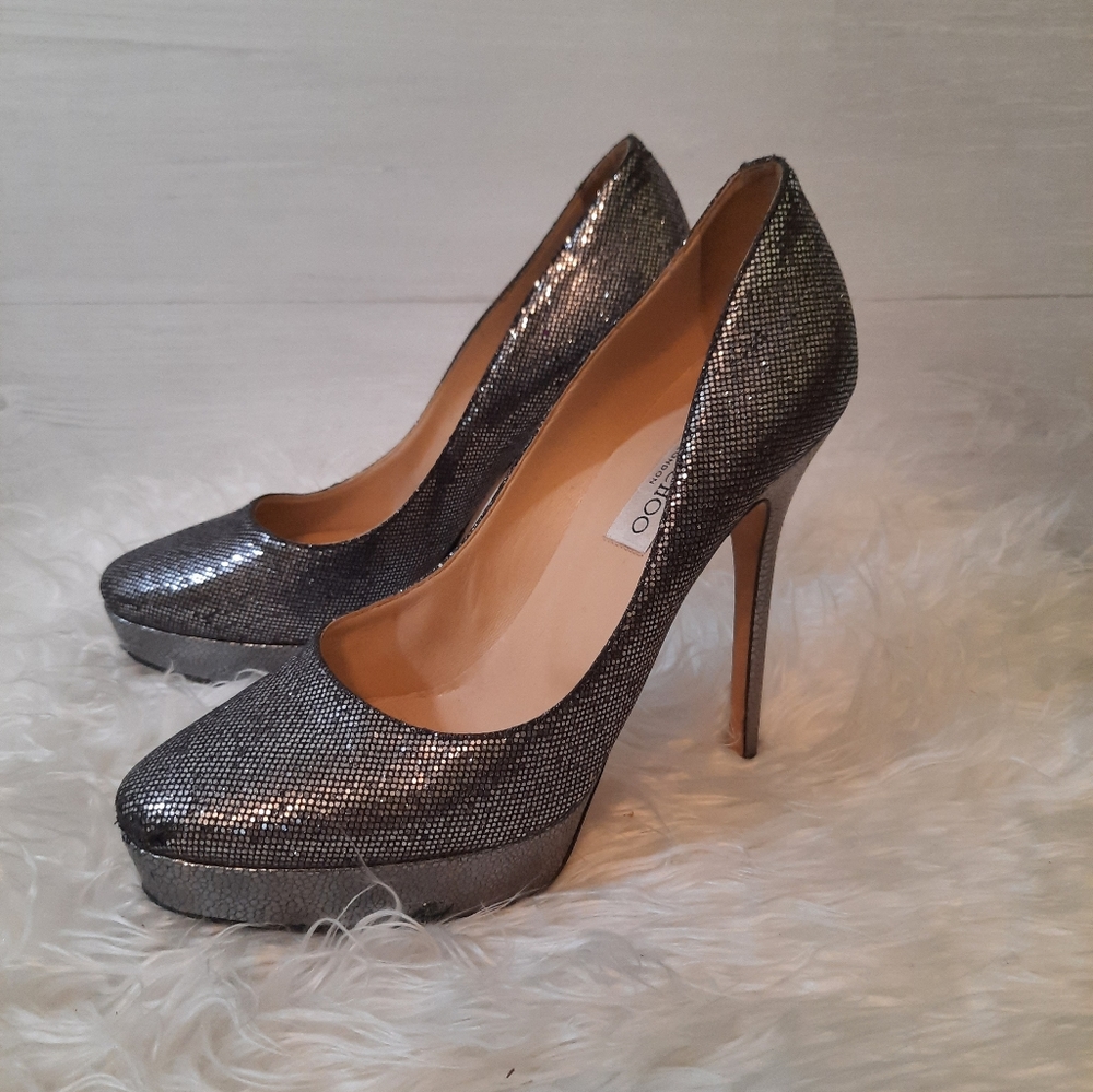 Jimmy Choo Silver black shimmer Platform heels sz 38.5 8.5 Italy - Picture 9 of 11